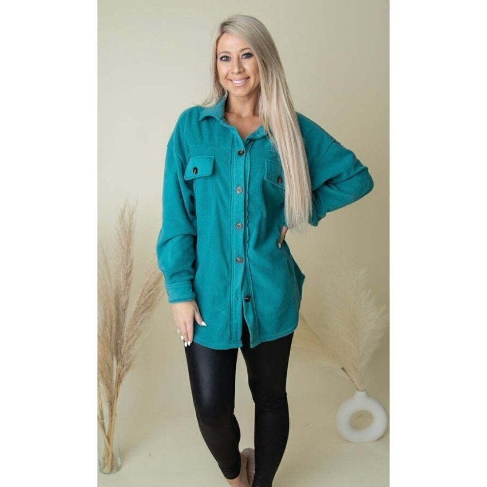 Zenana All About the Fleece Button-Down Shacket in Light Teal S-L QJ-4003D4 - Picture 8 of 10